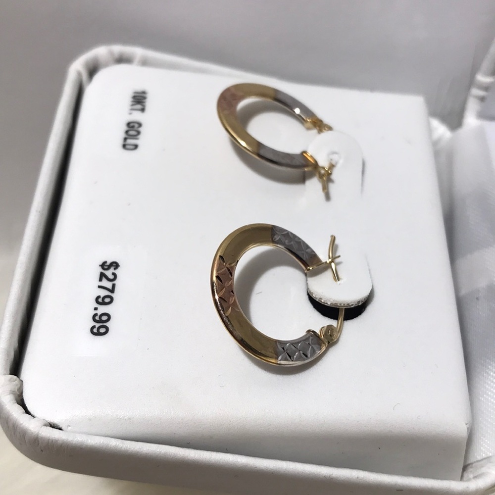 10K Tri Color Gold 3 MM Diamond-cut Round hoops - Picture 4 of 9